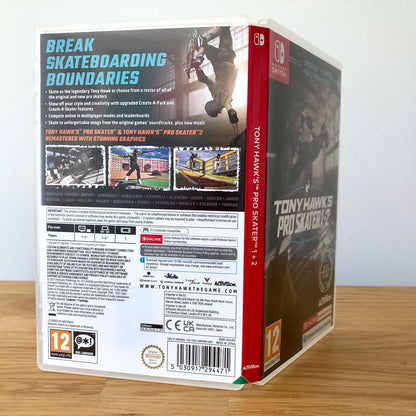 Angled back view of Tony Hawk's Pro Skater 1 + 2 for Nintendo Switch, showing full back cover artwork.