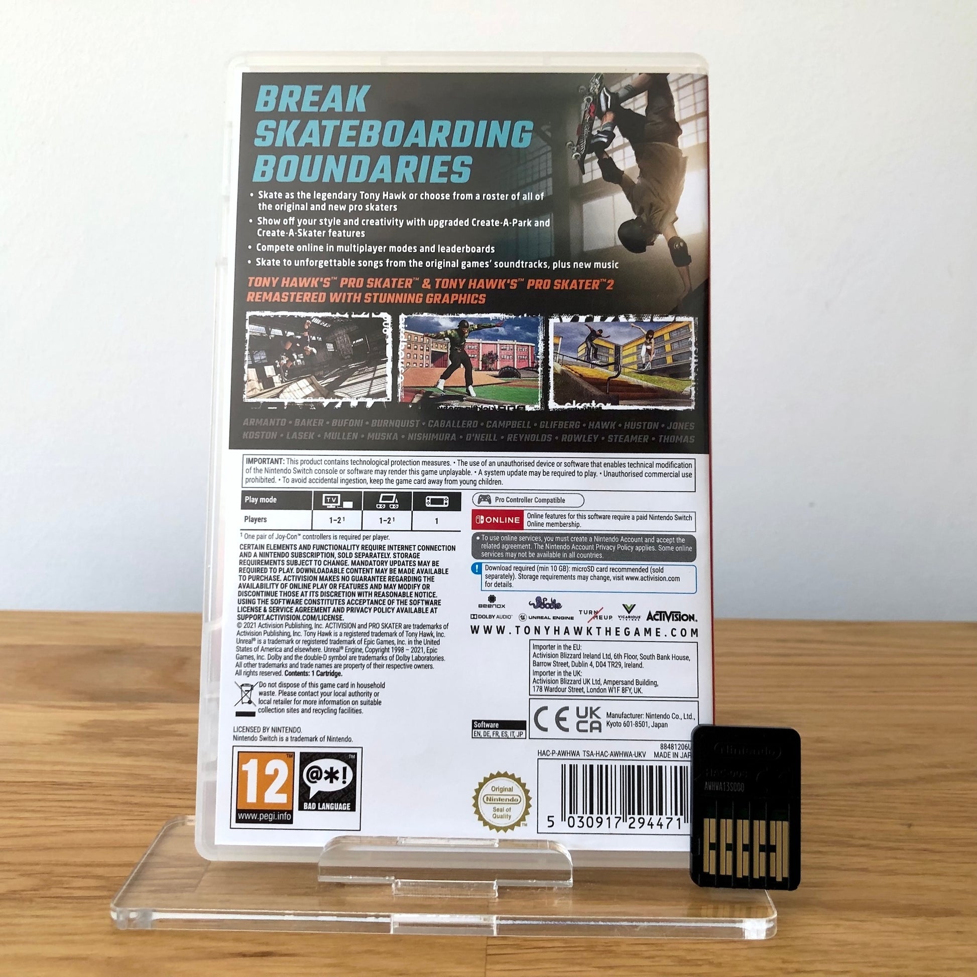 Back cover of Tony Hawk's Pro Skater 1 + 2 for Nintendo Switch, showing game details, features, and back of cartridge.