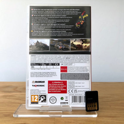 Back cover of Wreckfest for Nintendo Switch, showing game details, features, and back of cartridge.