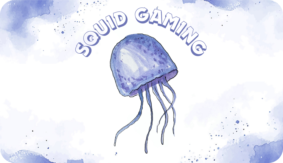 Squid Gaming digital gift card, a pre-owned online game store. The Gift card features a watercolour-style purple squid logo and purple watercolour-style paint splashes around the gift card borders.